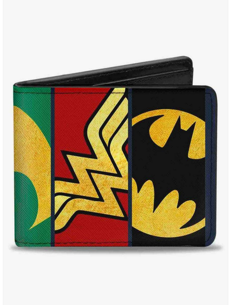 Wallets * | Boxlunch Dc Comics Justice League 5 Superhero Textulogo Close Up Panels Bifold Wallet