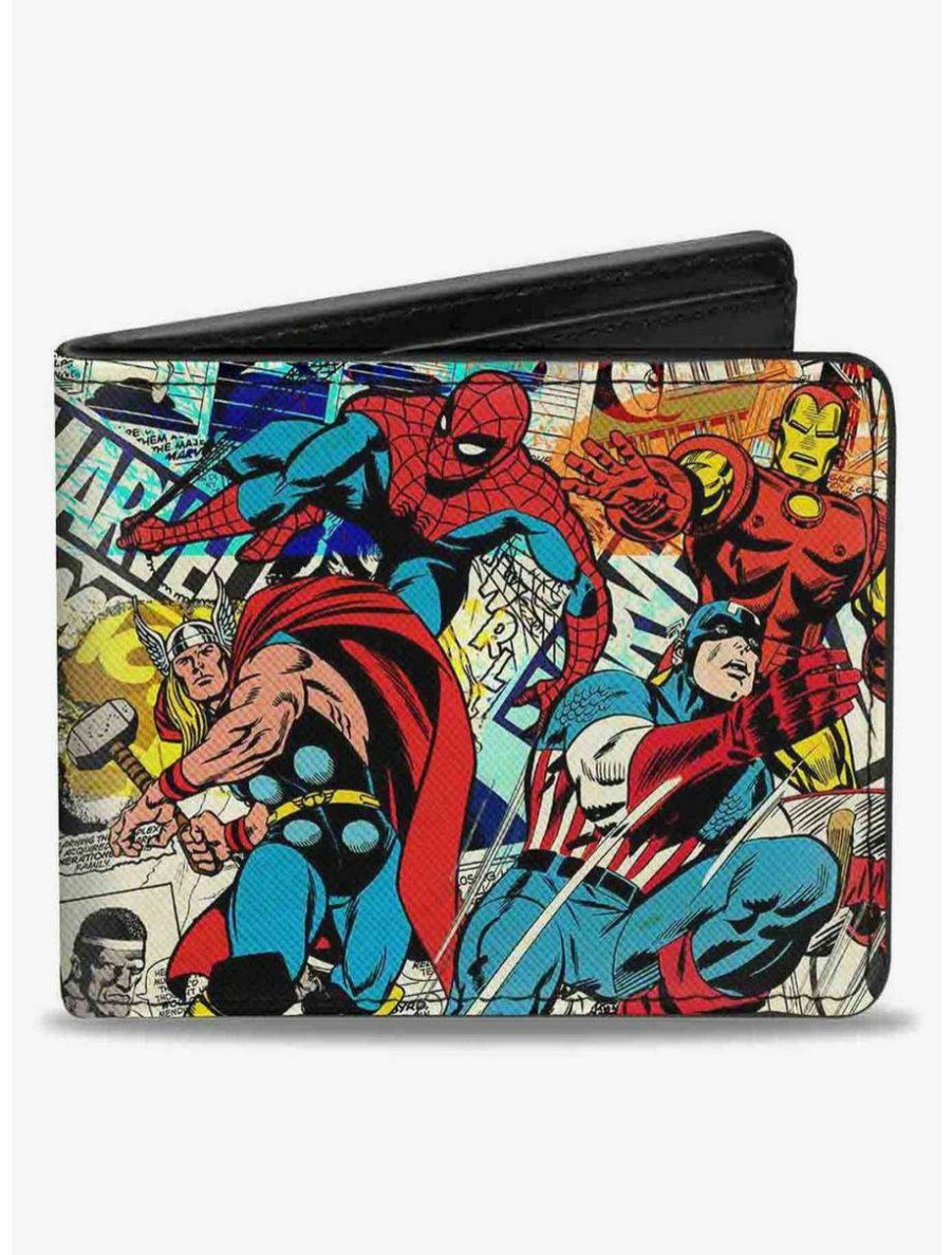 Wallets * | Boxlunch Marvel 4 Avenger Superhero Action Marvel Comics Logo Scenes Multi Bifold Wallet