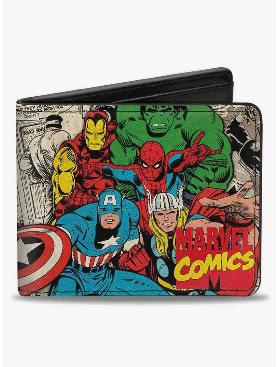 Wallets * | Boxlunch Marvel 5 Avengers Group Marvel Comics Logo Stacked Comic Scenes Bifold Wallet