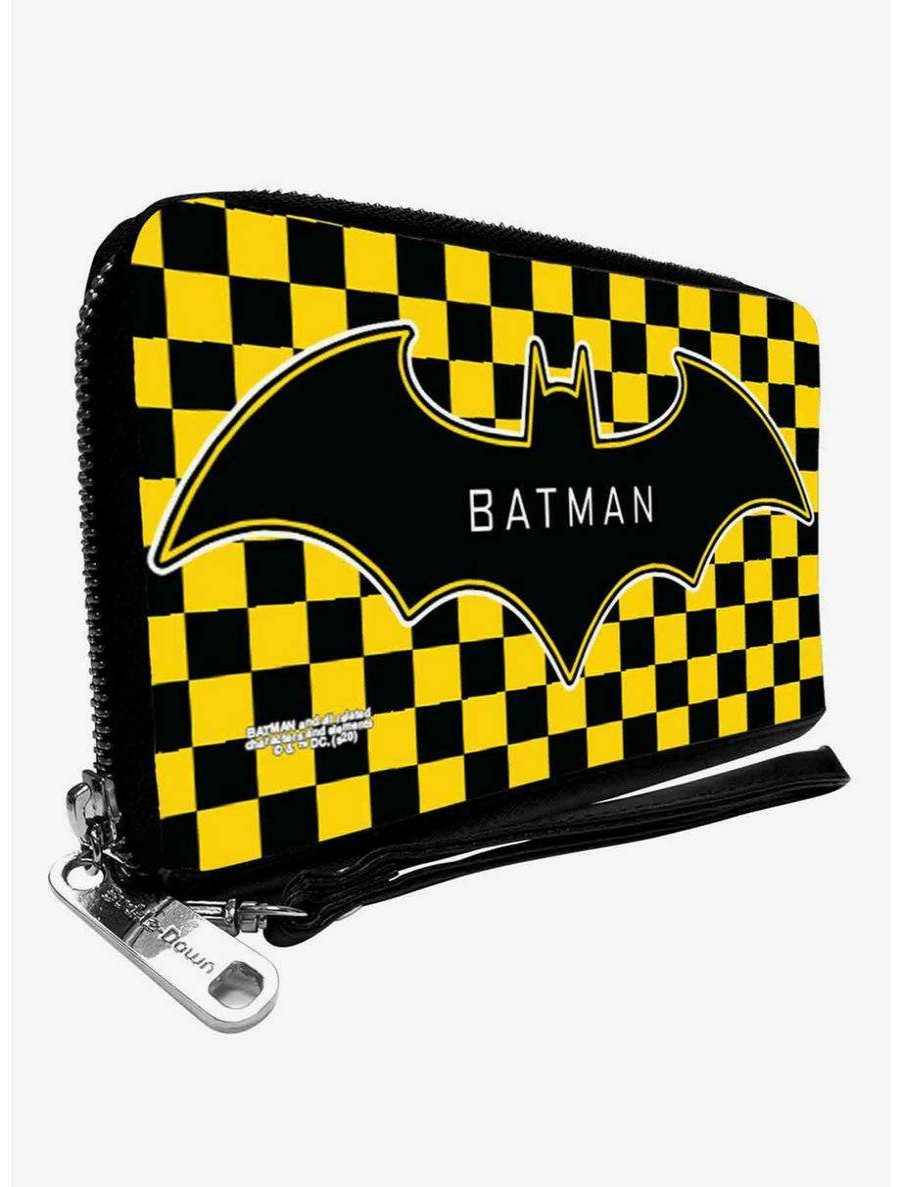 Wallets * | Boxlunch Dc Comics Batman Bat Logo Close Up Checker Zip Around Wallet